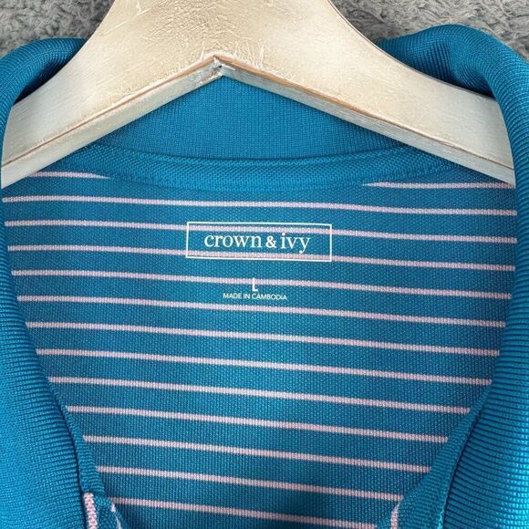 Crown & Ivy Shirt Mens Large Blue Pink Striped Long Sleeve Golf Polo Preppy Camp - Picture 4 of 12